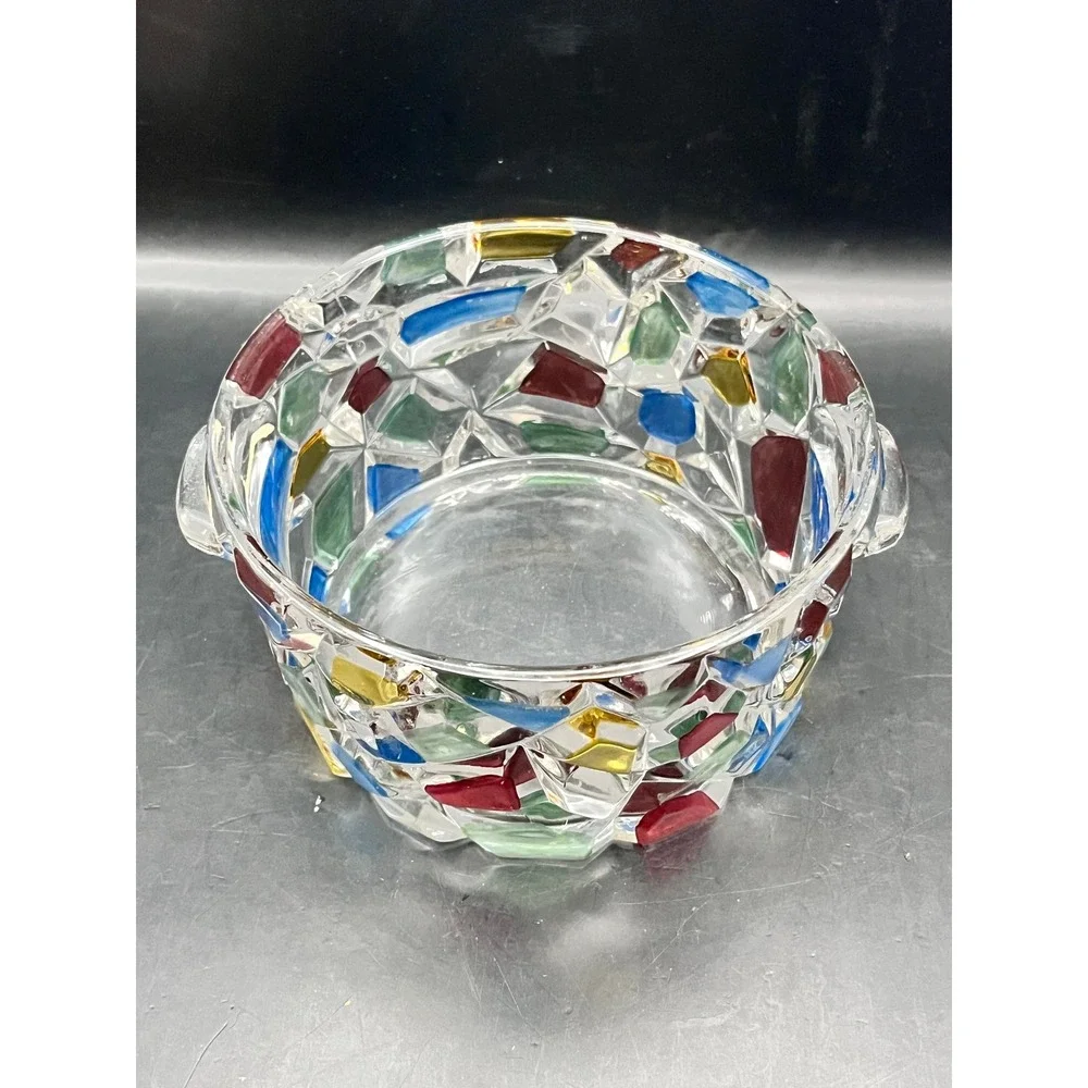 Vtg Heavy Crystal Mosaic Ice Bucket Candy Dish Bowl 2‎ Handles Red, Green, Blue